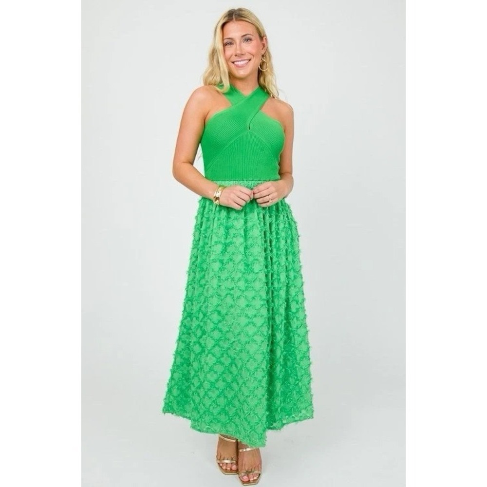 New CURRENT AIR Green Apple Goddess Fringed Knit Halter Dress Sz S 140